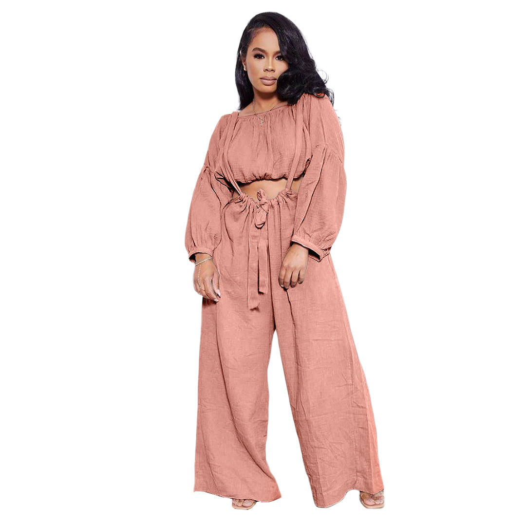 Two Piece Cotton Pleated Sling Strap Wide Leg Pants