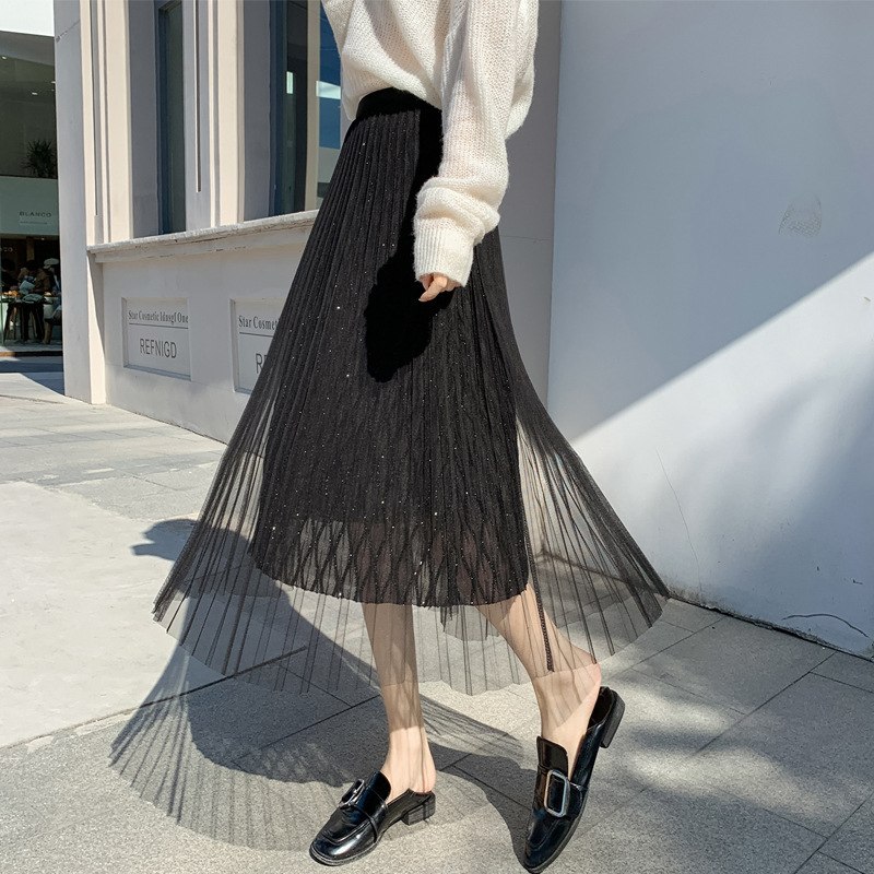 Diamond Mesh Skirt New Style Pleated Elegant Swing
