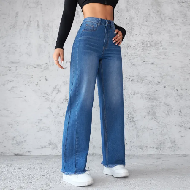 Fashion Straight Wide leg Jeans Casual High waist Non elastic Womens Clothing Blue - Shop at LoveMi