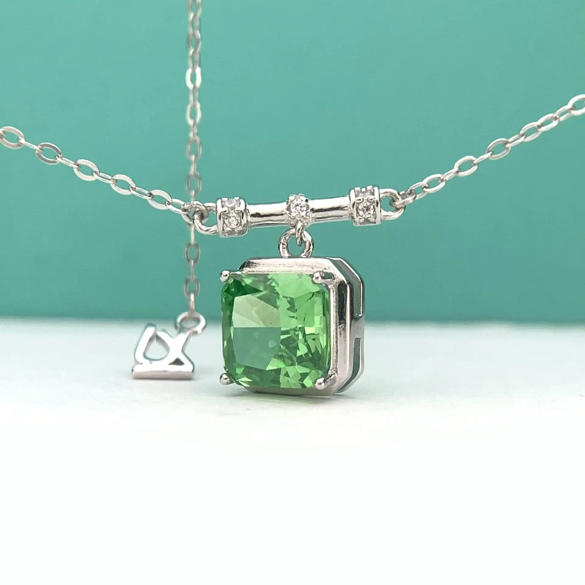 S925 Sterling Silver Natural Stone Pendant Necklace Simulation Square Diamond Chain