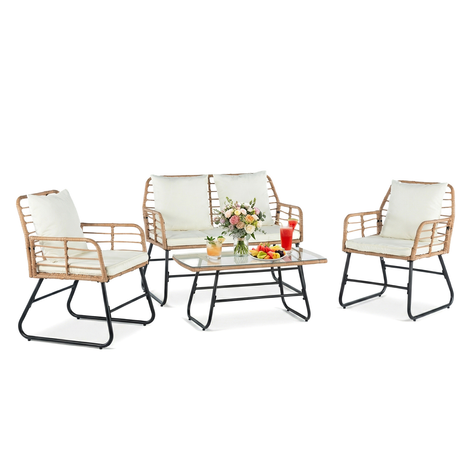 Outdoor Four-piece Garden Furniture Set, Rattan Garden Set, Equipped With Thick Interlayer Structure Cushions, Deep-set All-weather Rattan Sofa