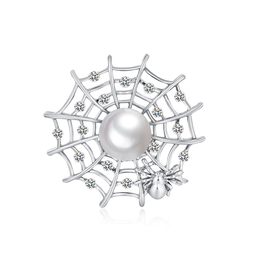 Pearl And Diamond Spider Web Personality Brooch Silver - Shop at LoveMi
