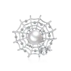 Pearl And Diamond Spider Web Personality Brooch - Silver - View 1