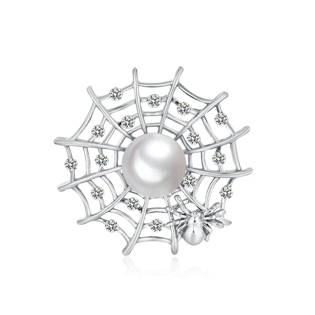 Pearl And Diamond Spider Web Personality Brooch - Silver