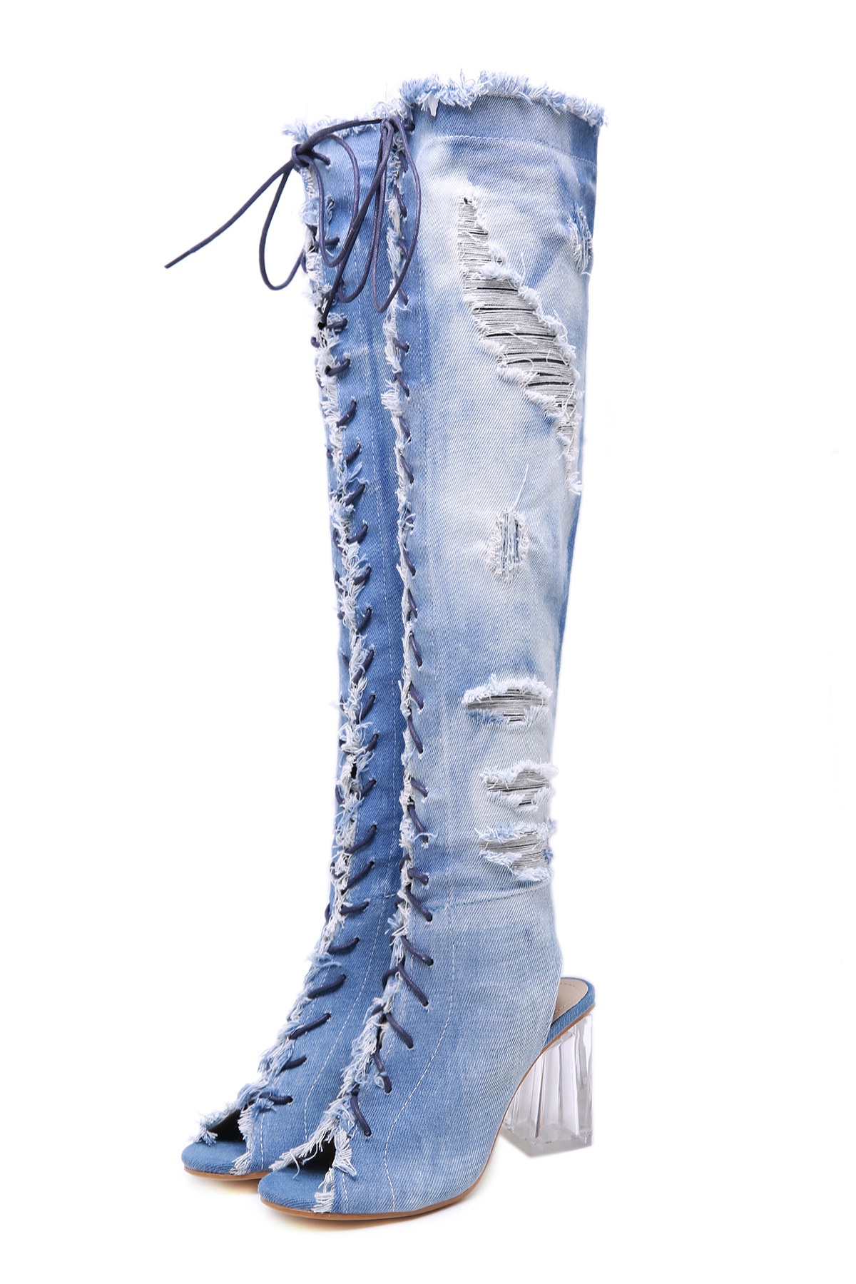 Crystal Block Heel Denim Fish Mouth Strap Roman High Heel Boots