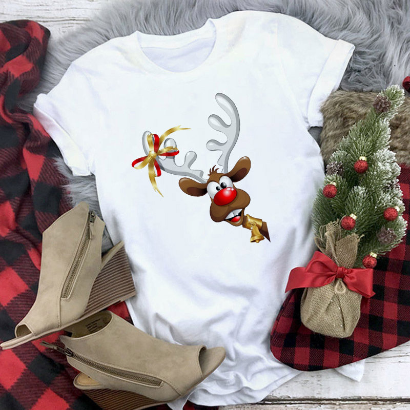 Title 17, Christmas Cute Reindeer Print Short Sleeve T-sh...