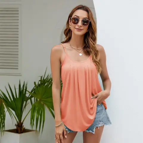 Women's Summer Vest Pleated Spaghetti Strap Tank Top