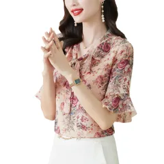 Fragmented Chiffon Shirt Top For Women's Fashionable And Westernized V-neck - Pink Purple - View 1
