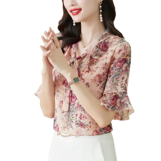 Fragmented Chiffon Shirt Top For Women's Fashionable And Westernized V neck Pink Purple - Shop at LoveMi