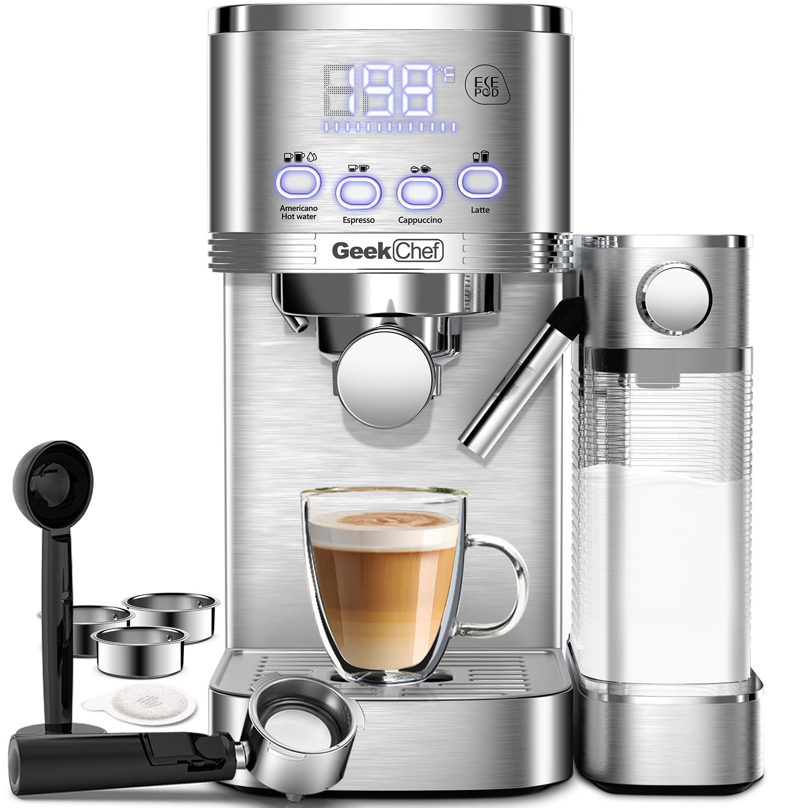 Geek Chef Espresso And Cappuccino Machine With Automatic Milk Frother, 20Bar Espresso Maker For Home, For Cappuccino Or Latte, with ESE POD Filter, Stainless Steel, Gift For Coffee Lover Ban On Amazon