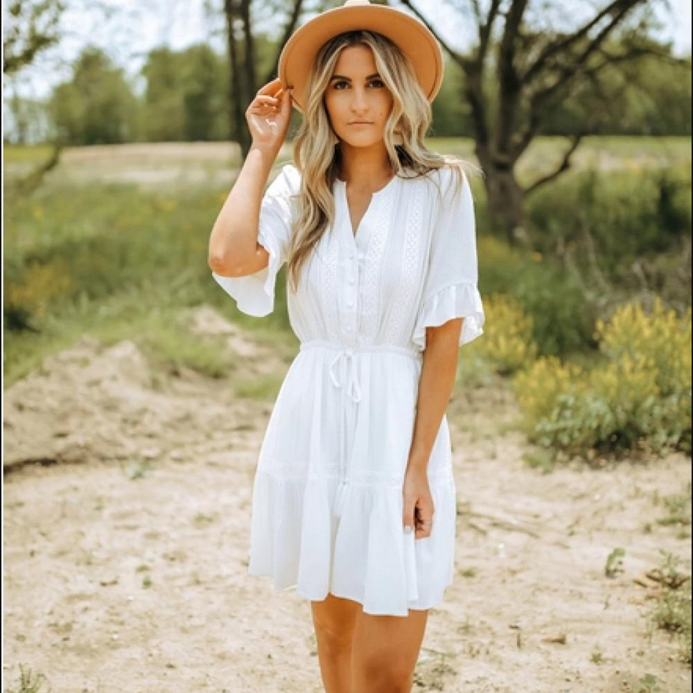 Bubble Wrinkled Waist Shows Thin Mid-length Dress