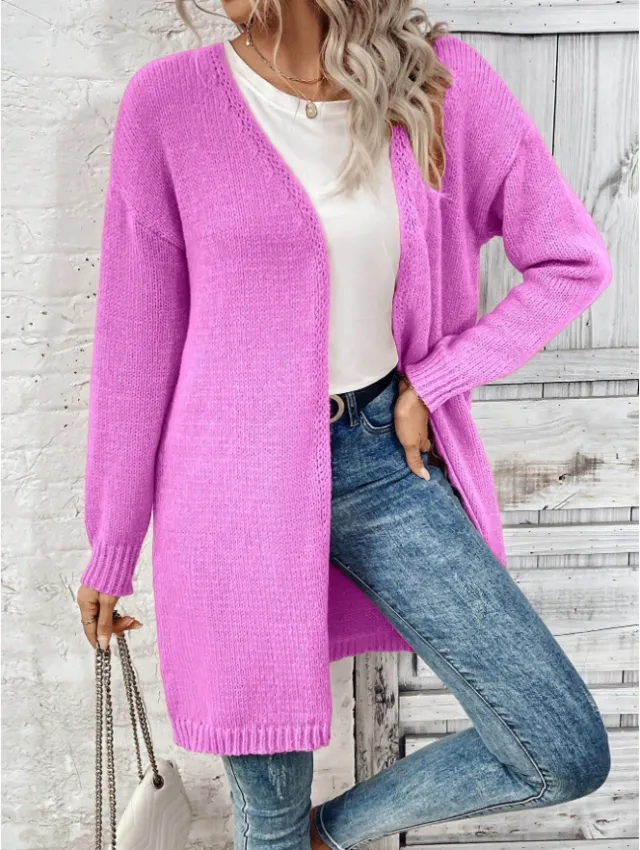 Women Solid Color Long Sleeve Casual Open Front Knit Cardigan Pink - Shop at LoveMi