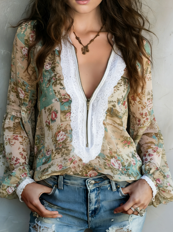 White Lace V-neck Women's Puff-sleeved Chiffon Blouse