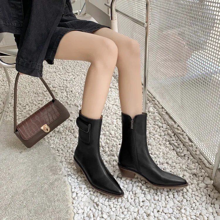 Thick Heel Low Heel Pointed Side Zipper Ankle Boots Fashion Knight Boots - Black
