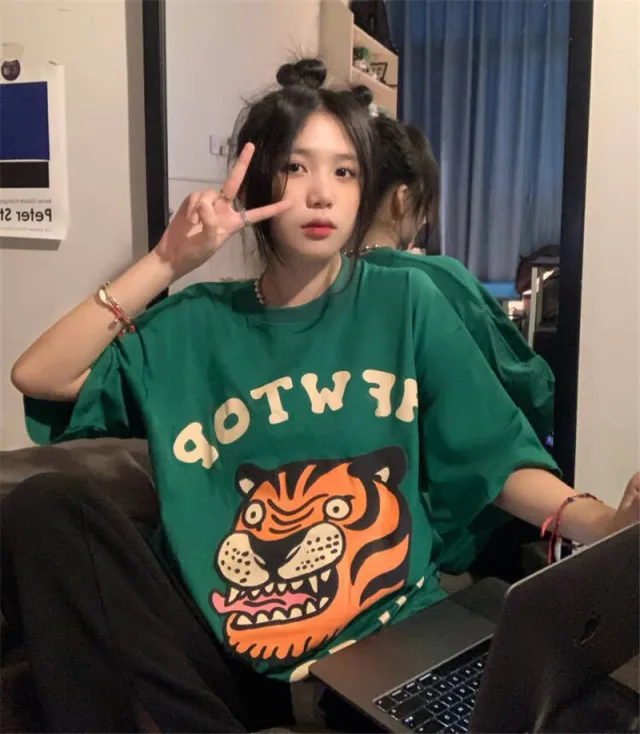 Striped Cotton Loose Fitted Crewneck Lettering Short Sleeve T Shirt Green - Shop at LoveMi
