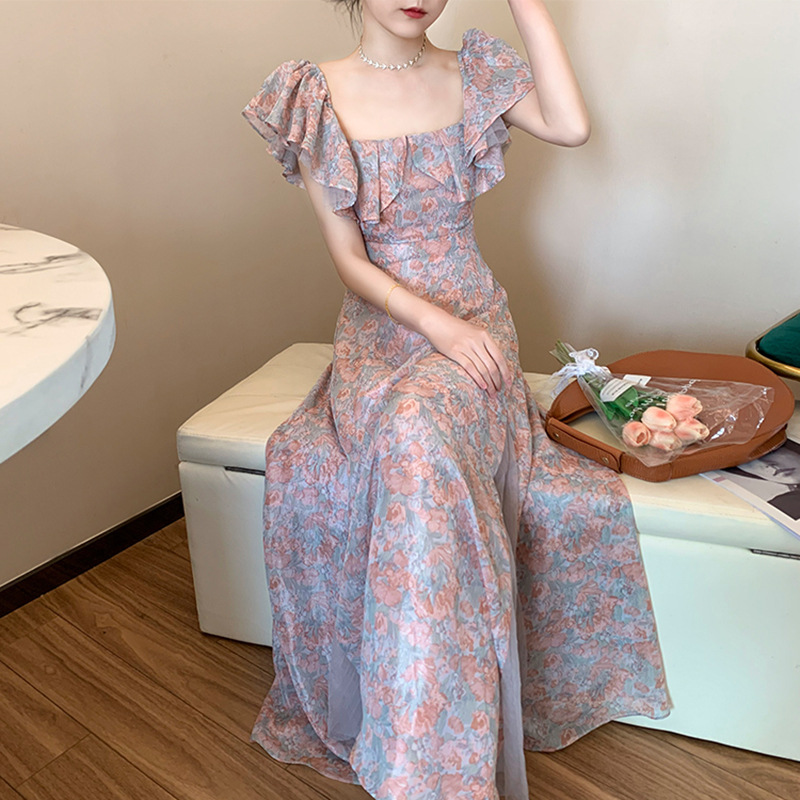 Floral Long Skirt Super Fairy Sen With Empty Flower Puff Sleeves
