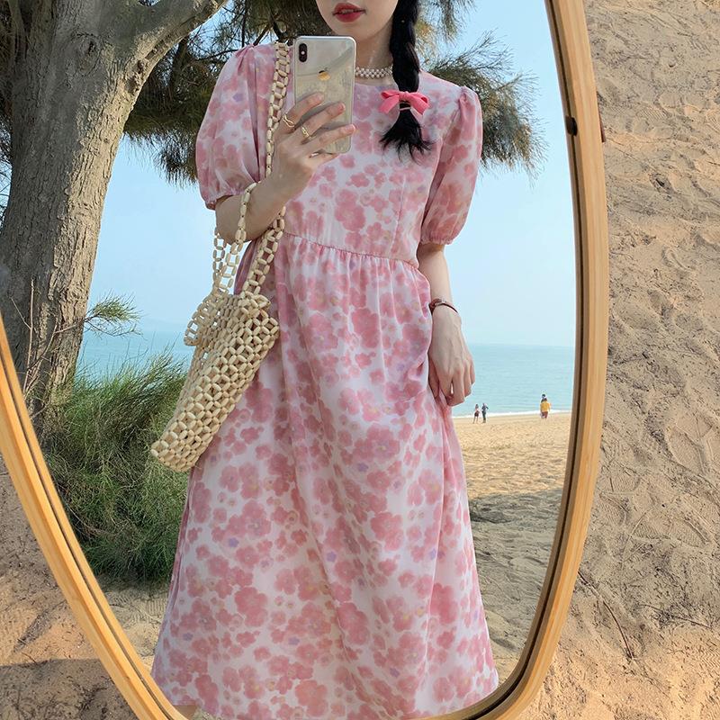 Ins Sweet Flower Is Very Fairy Long Skirt Female Puff Sleeve Waist Reduction Dress