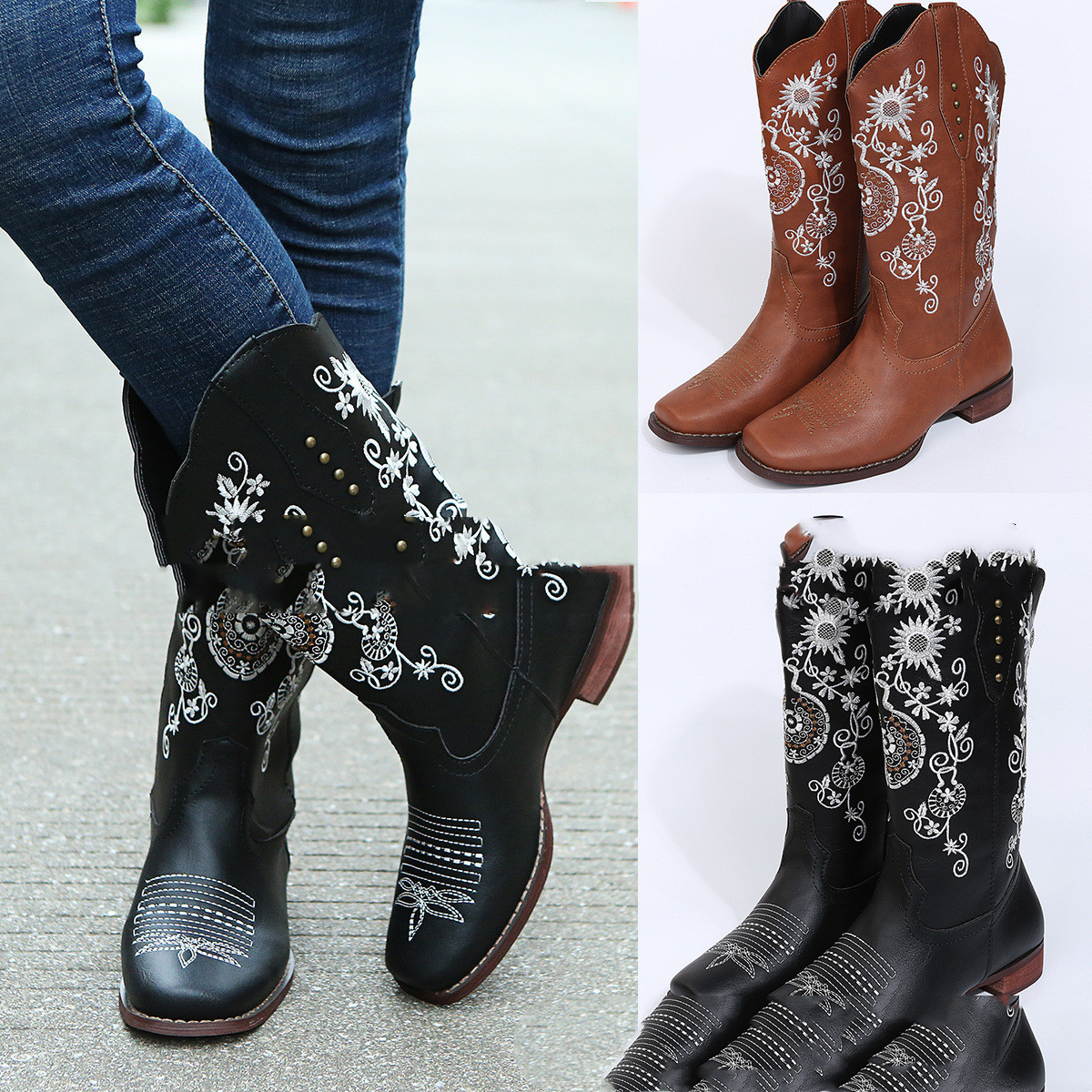 Winter European And American Foreign Trade Flat-bottomed Large Size Embroidered Sunflower Boots
