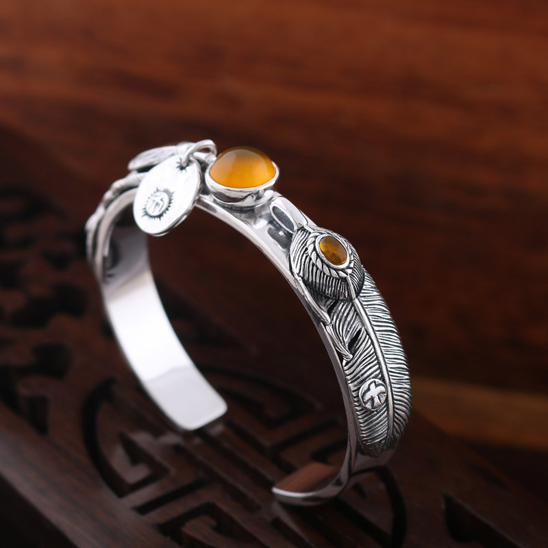 S925 Sterling  Thai Handmade Silver Vintage Feather Topaz Bracelet