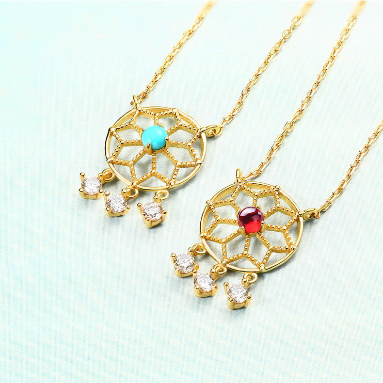 Vintage Hollow Garnet Dream Catcher Necklace Female Jewelry Silver Plated 9K Gold