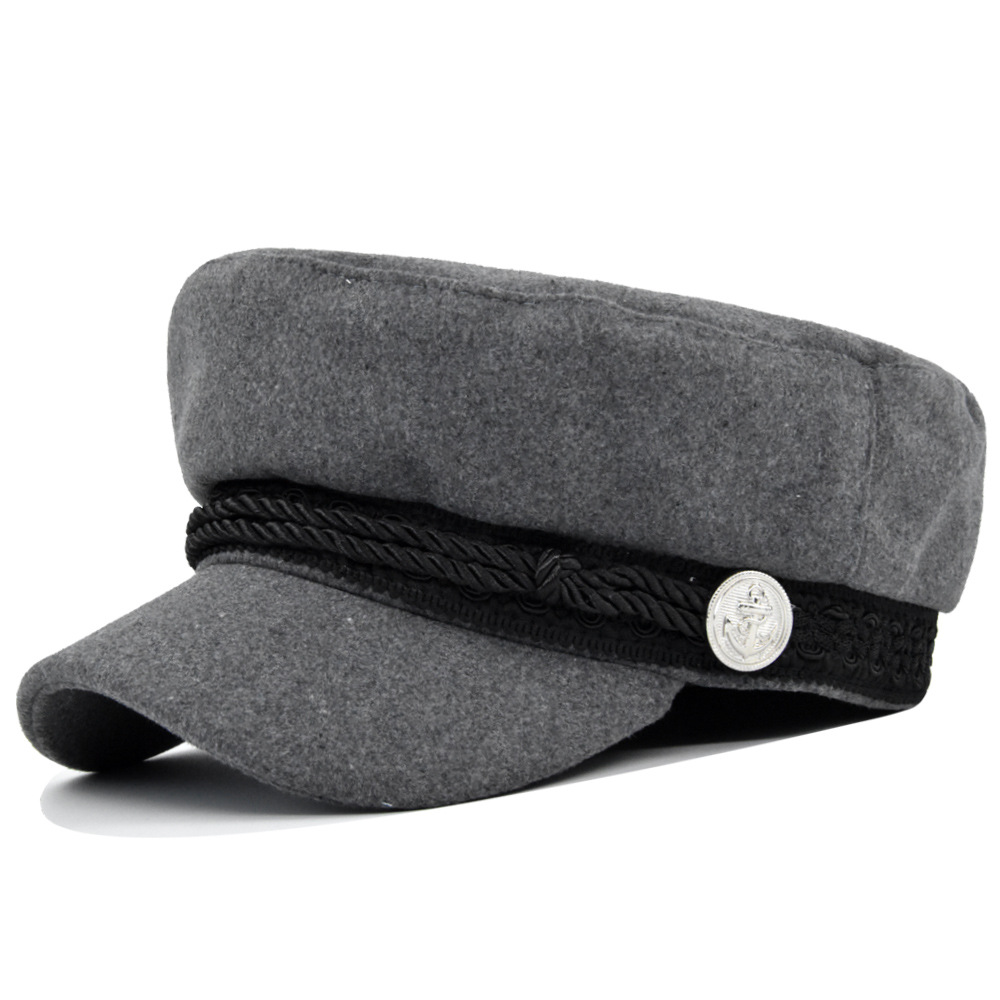 Women's Metal Buckle Octagonal Woolen Flat Hat