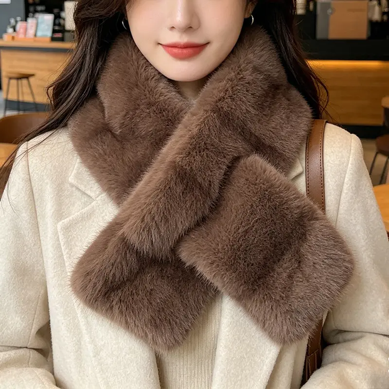 Striped Color Contrast Soft Plush Cross-hole Scarf