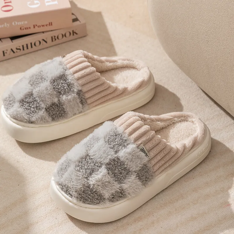Plaid Plush Slippers Women's Indoor Plush Home Slippers Soft Sole Thick Non-Slip Warm House Shoes Couple Autumn And Winter - Grey
