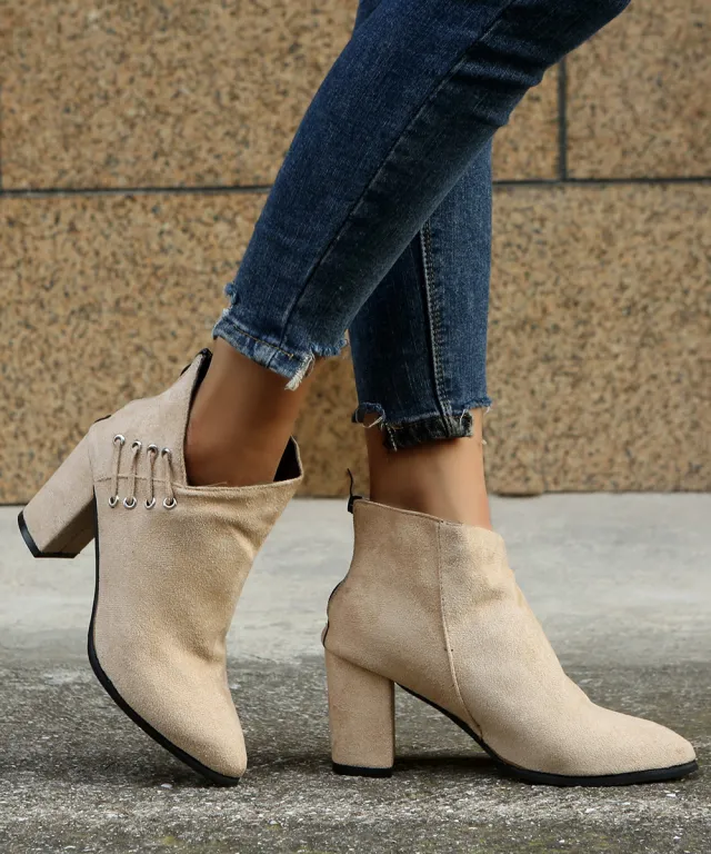 Retro Fashion Boots Pointed Suede High heeled Ankle Boots Plus Size Apricot - Shop at LoveMi