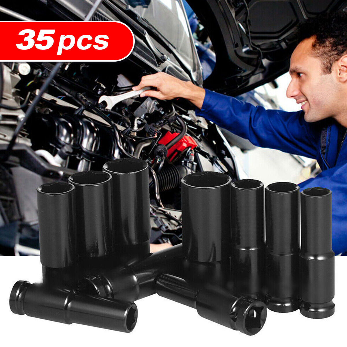 35PCS 1-2 8-32mm Metric Drive Deep Impact Socket Tool Set Garage Chrome Steel — image 9