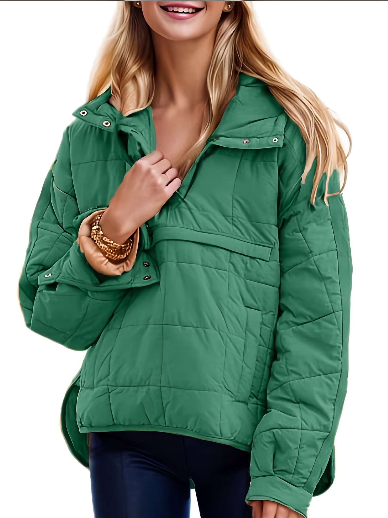 European And American Minimalist Style Plus-size Winter New Top, Hooded Pullover Basic Design, Half-open Snap Button Closure, Small Side Slits, Everyday Versatile Anti-cotton Jacket