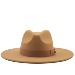 Jazz Top Hat Autumn And Winter New Men's And Women's Woolen Hats Simple Felt Big Brim Hat - Camel - View 1