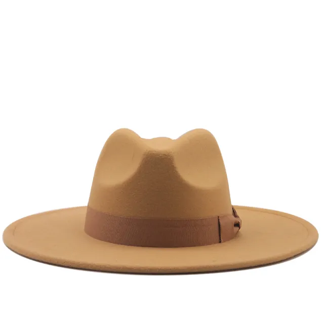 Jazz Top Hat Autumn And Winter New Men's And Women's Woolen Hats Simple Felt Big Brim Hat Camel - Shop at LoveMi