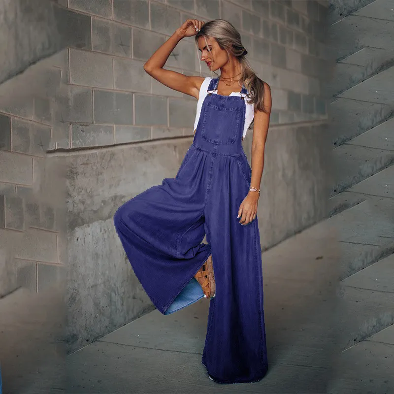 Summer Women's Pants Wide Leg Leisure Vacation Jumpsuit - Navy