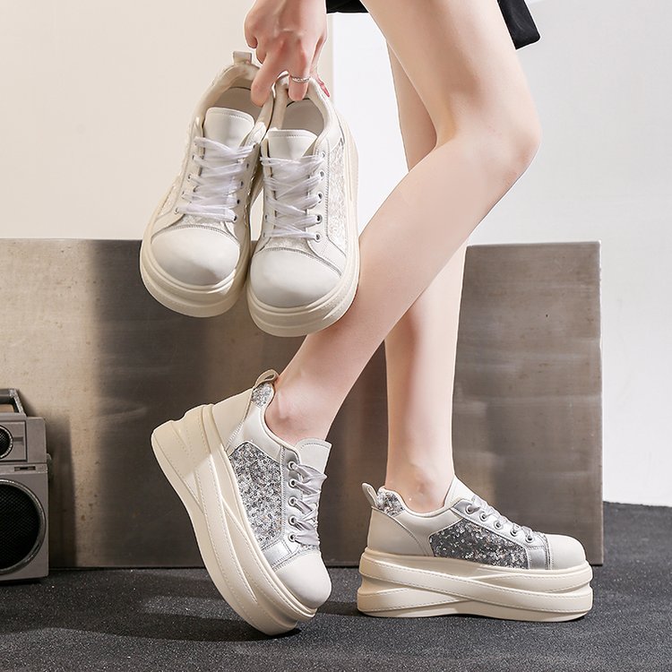 Women Glitter Sequin Panel Platform Sneakers Faux Leather Multi Layer Thick Sole Lace Up Chunky Trainers Round Toe Pull Tab Low Top Sparkly Street Fashion Daily Casual Shoes 4