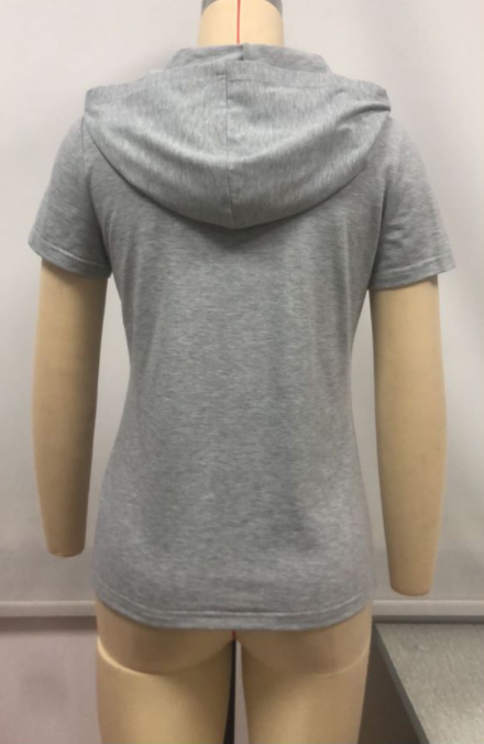 Pure Color Pocket Zipper Short-sleeved Hooded Knitted T-shirt