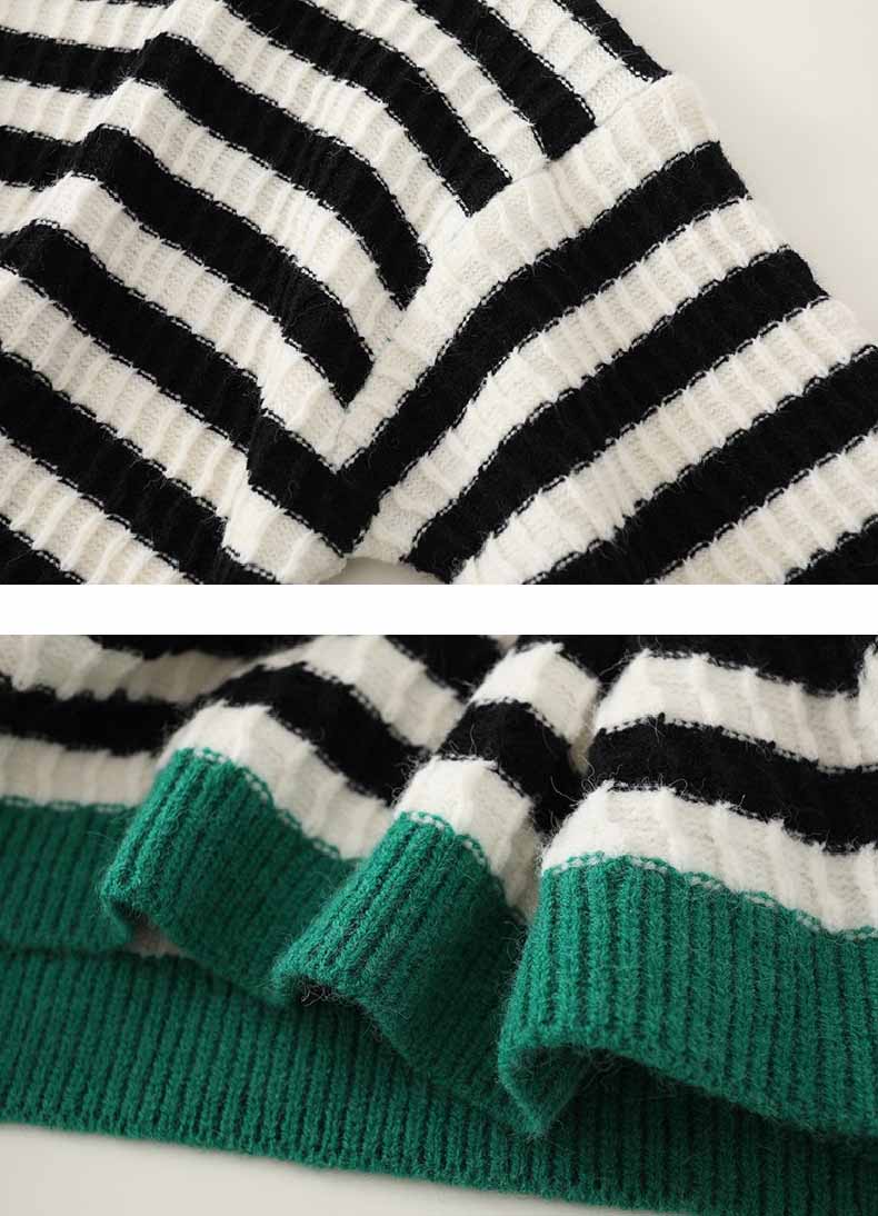 Women's Retro Contrast Striped Round Neck Sweater