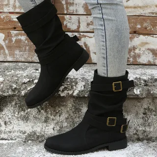 Low Heel Vintage Adjustable Buckle Boots Women Combat Biker Western Goth Shoes - Black