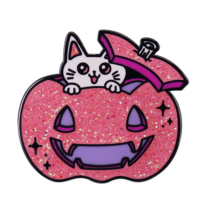 Glitter Pumpkin Cat Enamel Pin Brooch Halloween Kawaii