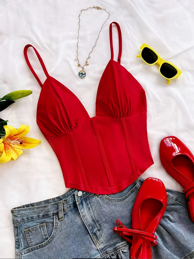 Women's Spring And Summer Fashion Retro Sexy V-Neck Off-Shoulder Design Knitted Camisole Top Suitable For Dates
