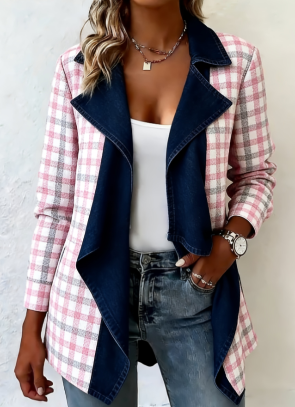 Patchwork Denim Collar Women's Long-sleeved Mid-length Coat