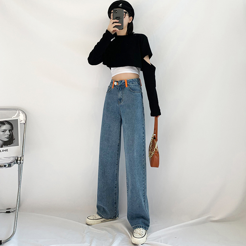 High-waisted Straight-leg Loose-fitting Elasticated Back Waist Denim Wide-leg Pants