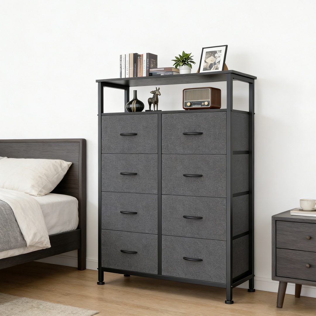 8-Drawer Fabric Dresser with Open Shelf