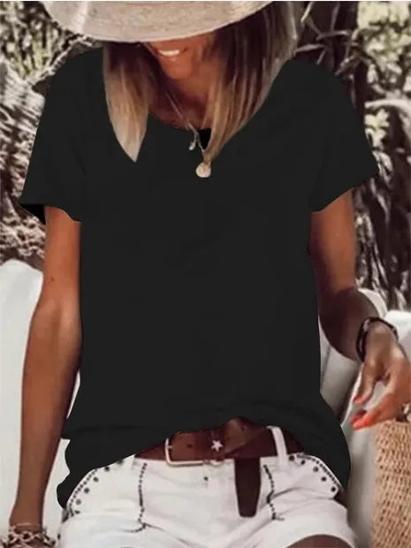 Women's Short Sleeve Solid Color Printed T Shirt Black - Shop at LoveMi