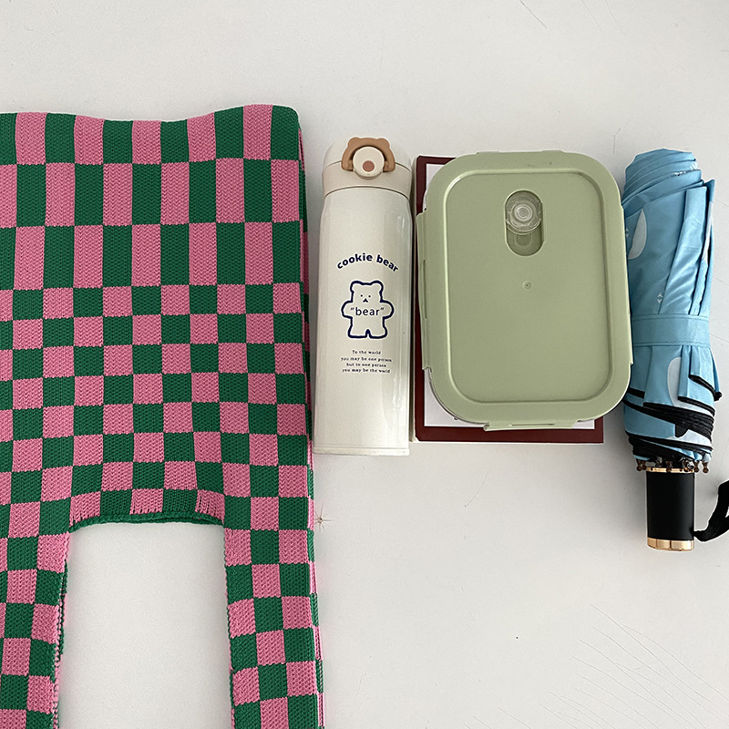 Plaid Knit Hand Bag With Hand Carrier