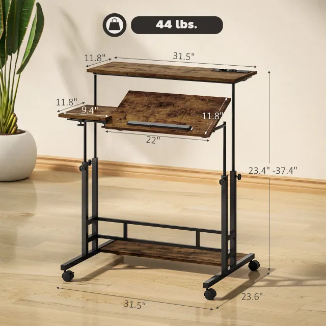 Adjustable Standing Desk With Power Outlets, Stand Up Desk With Tiltable Tabletop, Wheels, Shelf, For Home Office, Brown Brown - Shop at LoveMi