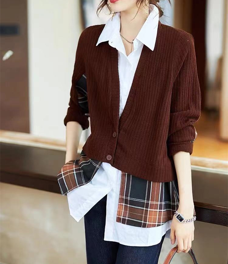 Sweater Spliced Plaid Shirt Fake Two