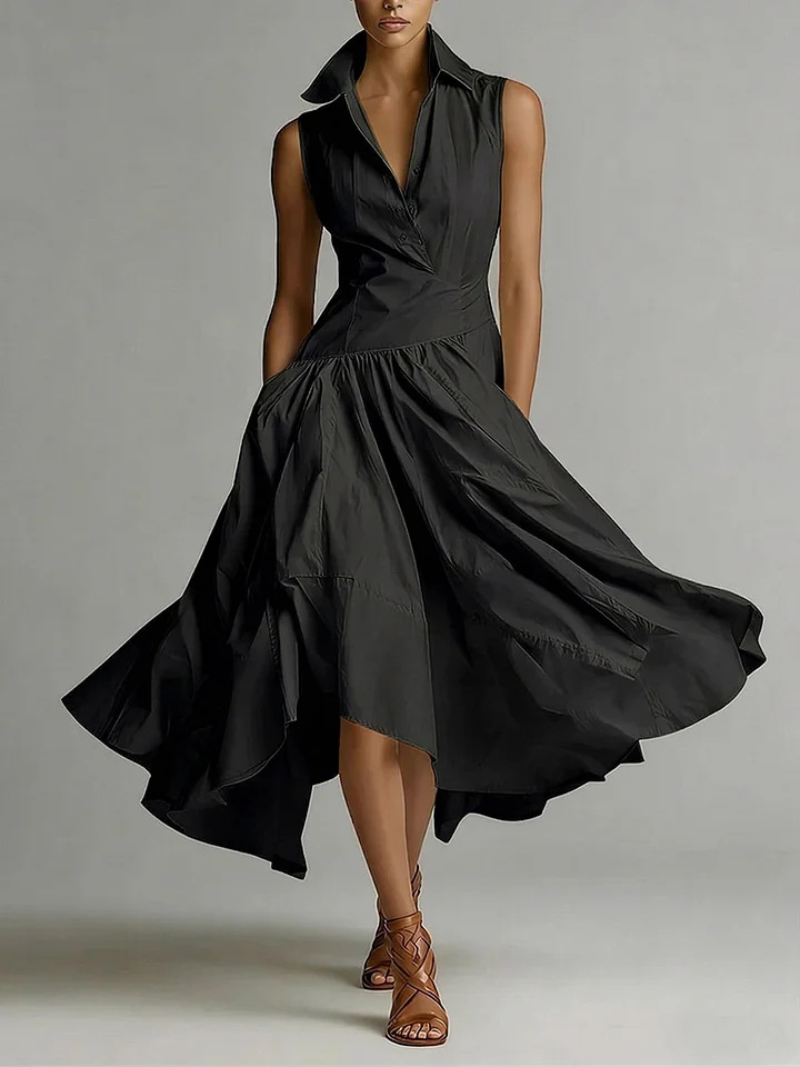 Women's goddess slim-fit collared sleeveless maxi dress – elegant long dress in black