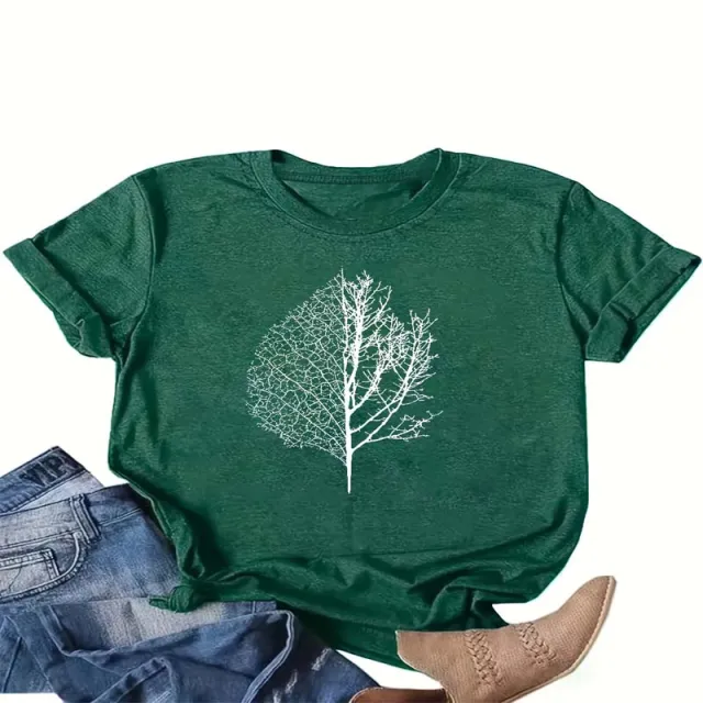Women's Leaf Vein Print T Shirt Nature Style Casual Short Sleeve Crew Neck Summer Top Green - Shop at LoveMi