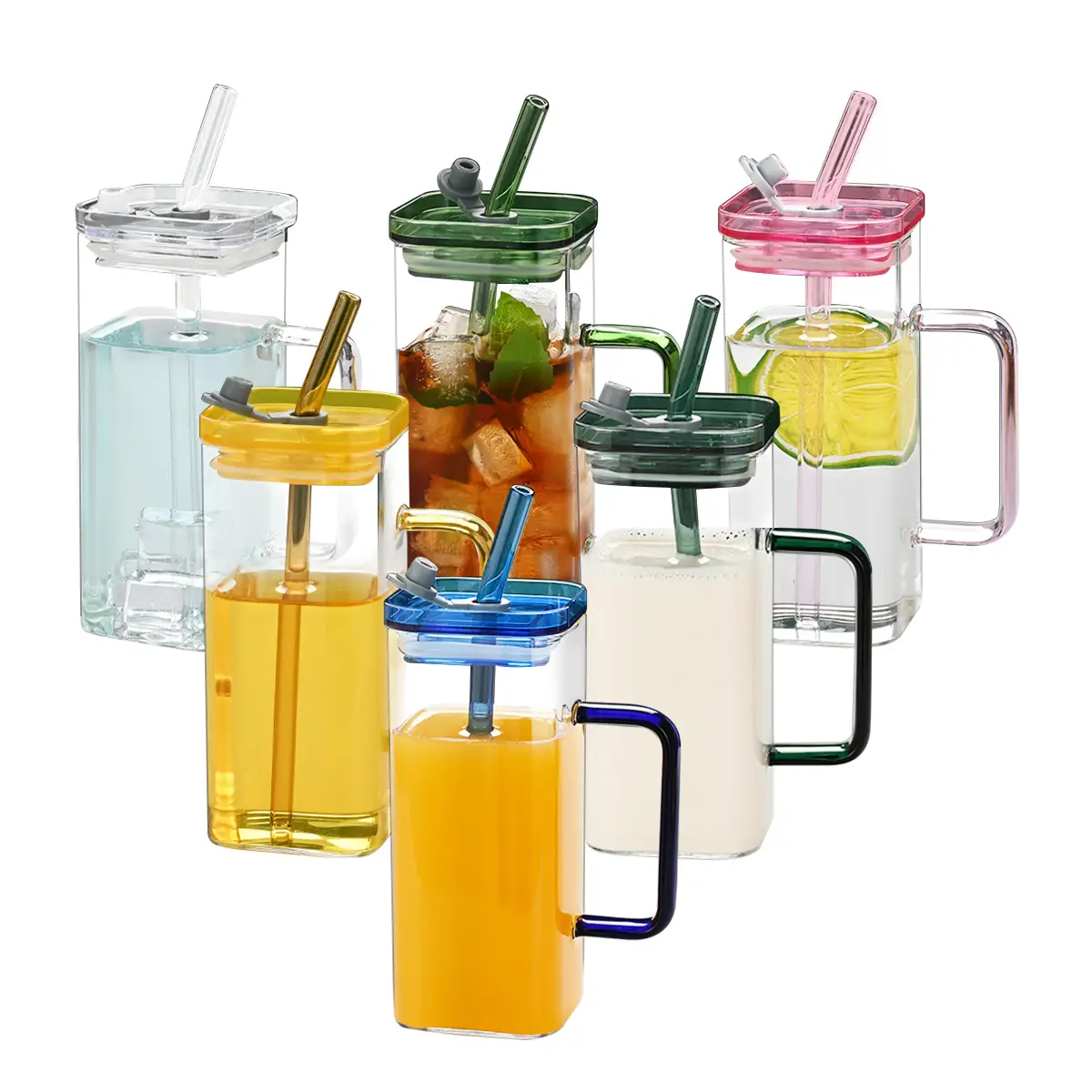 1 Pcs Blue Glass Straw Cup, 6 Colors Square Glass Cup With Straw And Lid, High Borosilicate Glass Cup, Milk Cup, Juice Cup, Cold Drink Cup, Coffee Cup, Tea Cup,