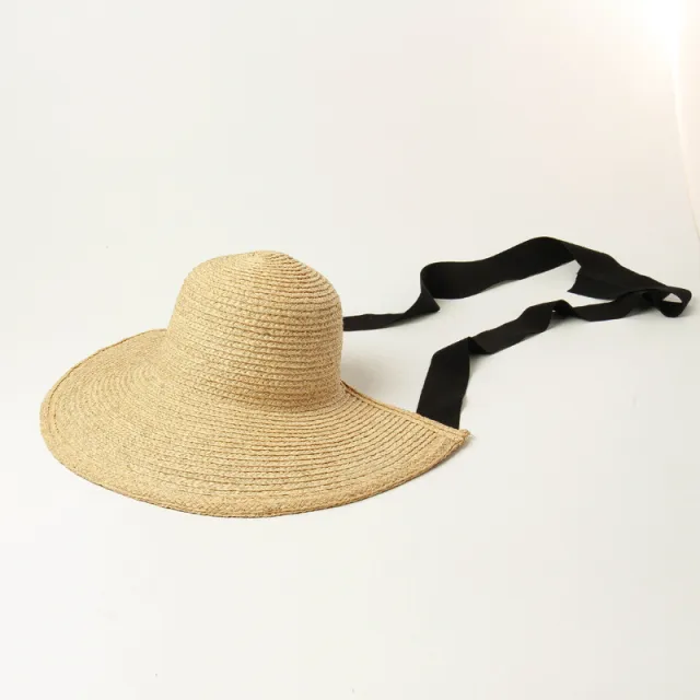 Retro Hand woven Big Brim Raffia Loli Hat Outdoor Black - Shop at LoveMi